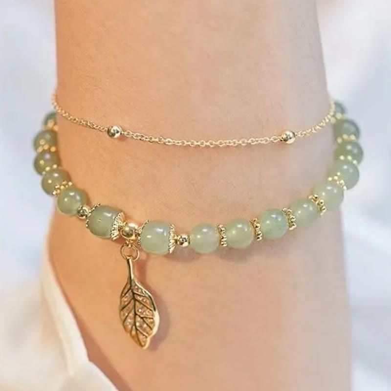 Nimara Ritual Jade Leaf Ginkgo Tulip Peanut Fu Character Luck Beaded Bracelet