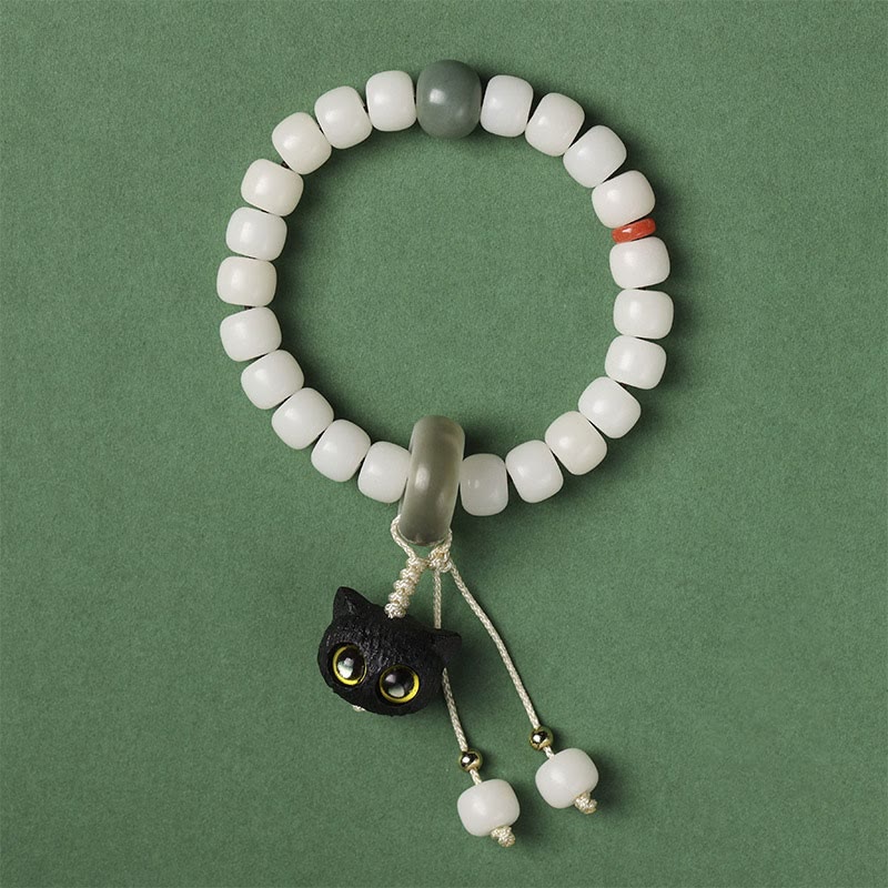 Nimara Ritual Natural Bodhi Seed African Blackwood Lovely Cat Charm Peace Harmony Bracelet