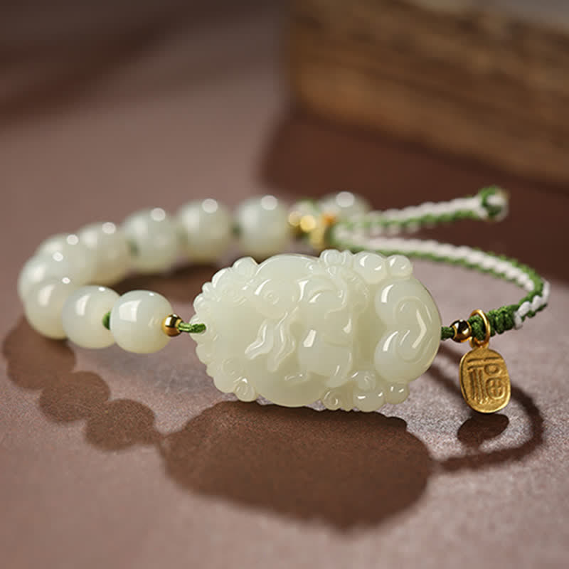 Nimara Ritual 925 Sterling Silver Chinese Zodiac Hetian Jade Happiness Luck String Bracelet