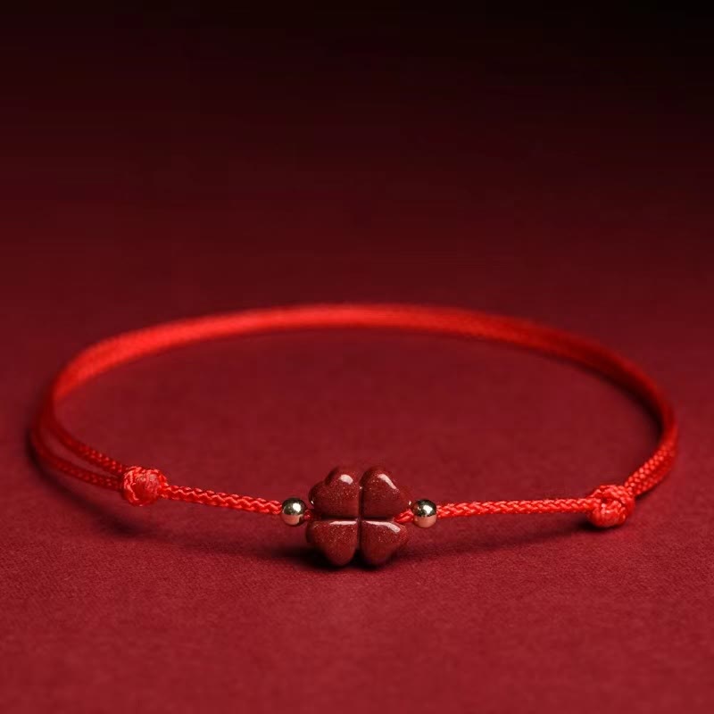 Nimara Ritual Natural Cinnabar Four Leaf Clover Blessing Red String Bracelet Anklet