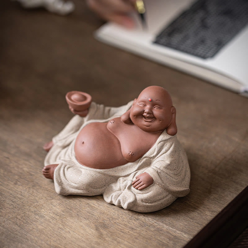 Nimara Ritual Laughing Buddha Ingots Attract Wealth Purple Clay Maitreya Statue Decoration