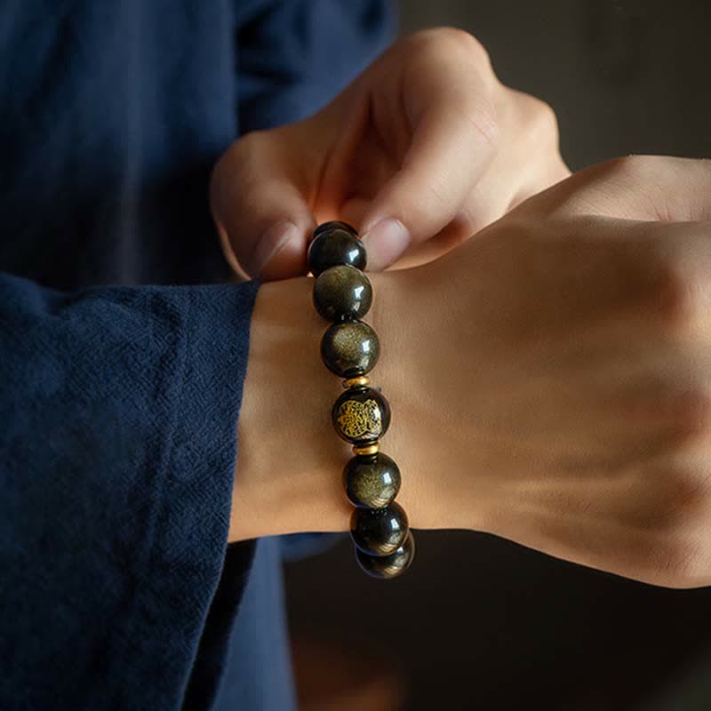 Nimara Ritual Chinese Zodiac Natal Buddha Gold Sheen Obsidian Wealth Protection Bracelet