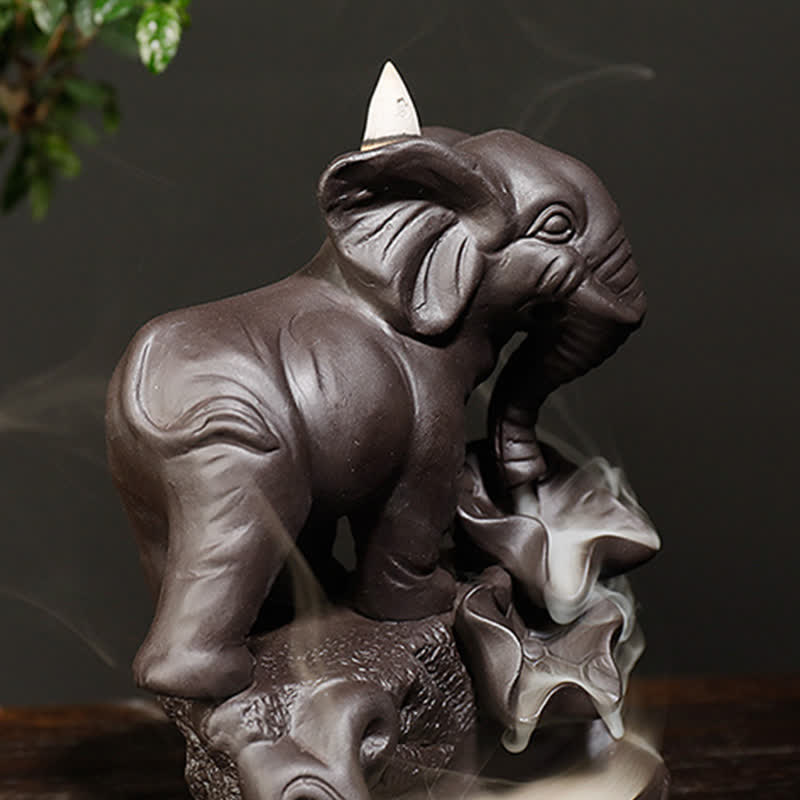 Nimara Ritual Tibetan Elephant Purple Clay Backflow Smoke Fountain Peace Healing Incense Burner Decoration