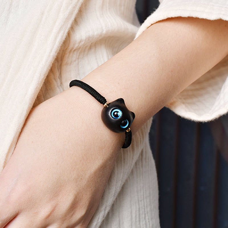 Nimara Ritual Ebony Wood Cat Head Pattern Peace King Kong Knot Braided Bracelet