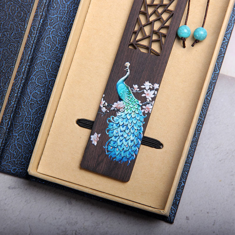 Nimara Ritual Blue Peacock Ebony Wood Bookmarks With Gift Box