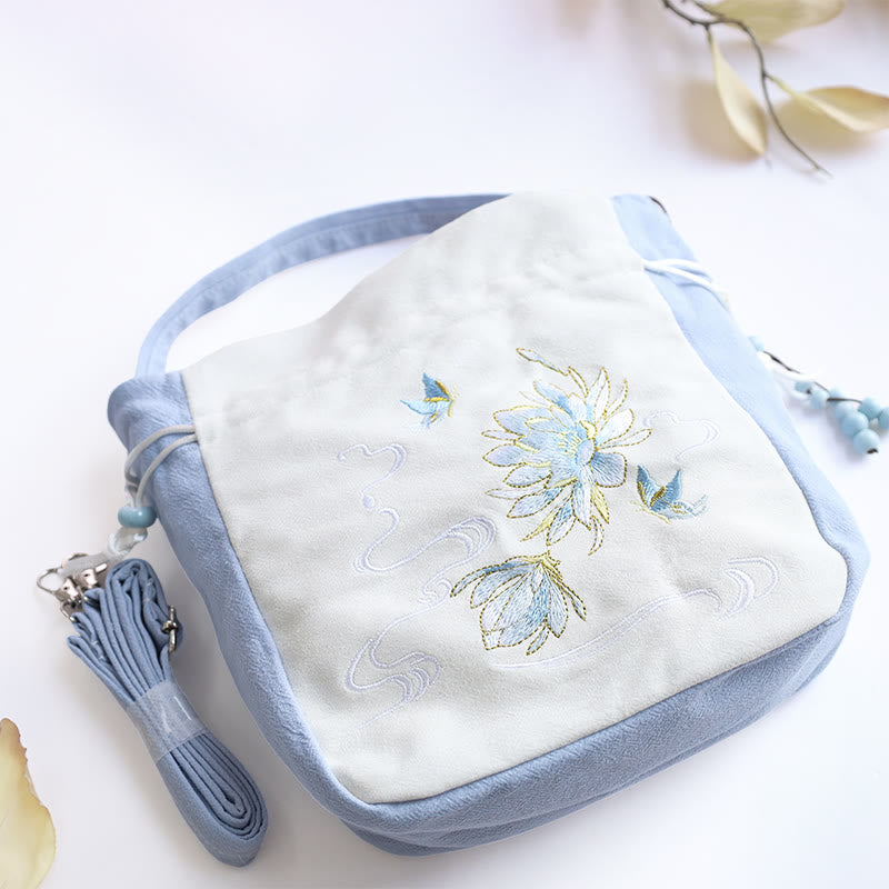 Nimara Ritual Embroidered Butterfly Lotus Magnolia Cotton Linen Tote Crossbody Bag Shoulder Bag Handbag