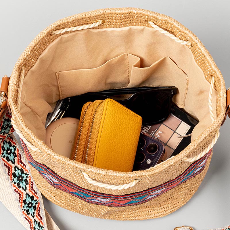 Nimara Ritual Beach Geometry Straw Woven Bucket Tassels Crossbody Bag Shoulder Bag