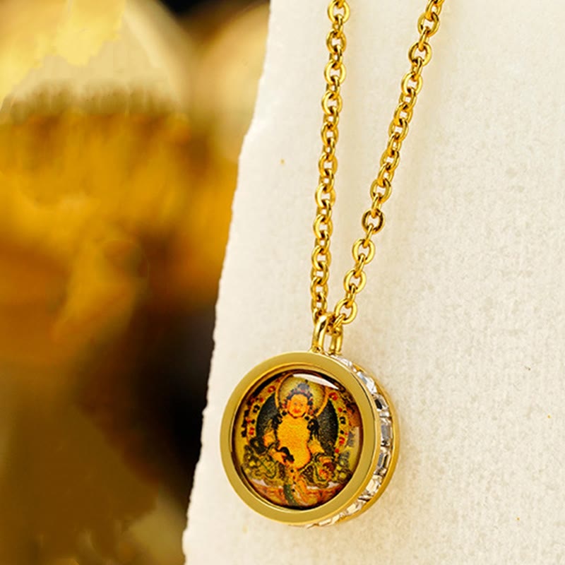 Nimara Ritual Tibetan Yellow God Of Wealth Green Tara Buddha Serenity Titanium Steel Necklace Pendant