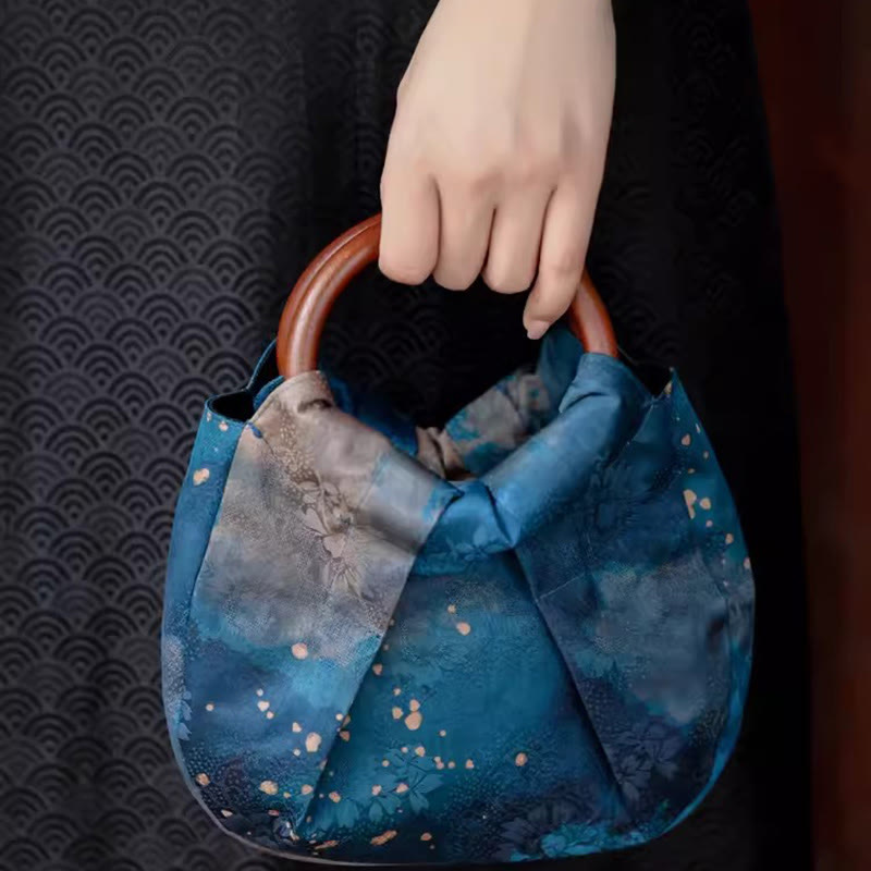 Nimara Ritual Handmade Jacquard Flower Blue Wooden Handle Handbag