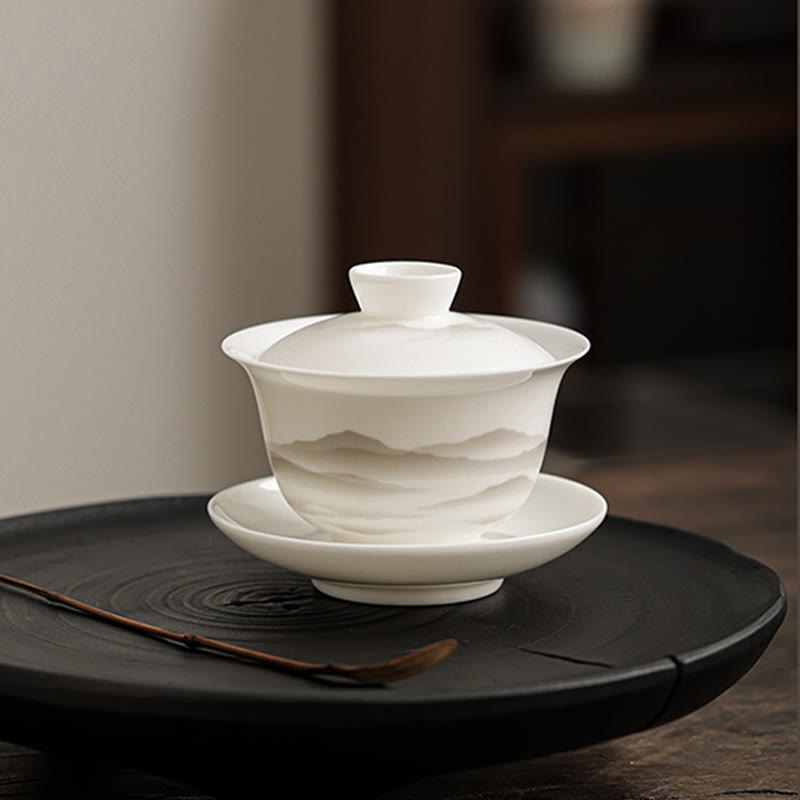 Nimara Ritual Vintage Ink Painting Mountain White Porcelain Ceramic Gaiwan Sancai Teacup Kung Fu Tea Cup And Saucer With Lid Tea Utensil Teapot