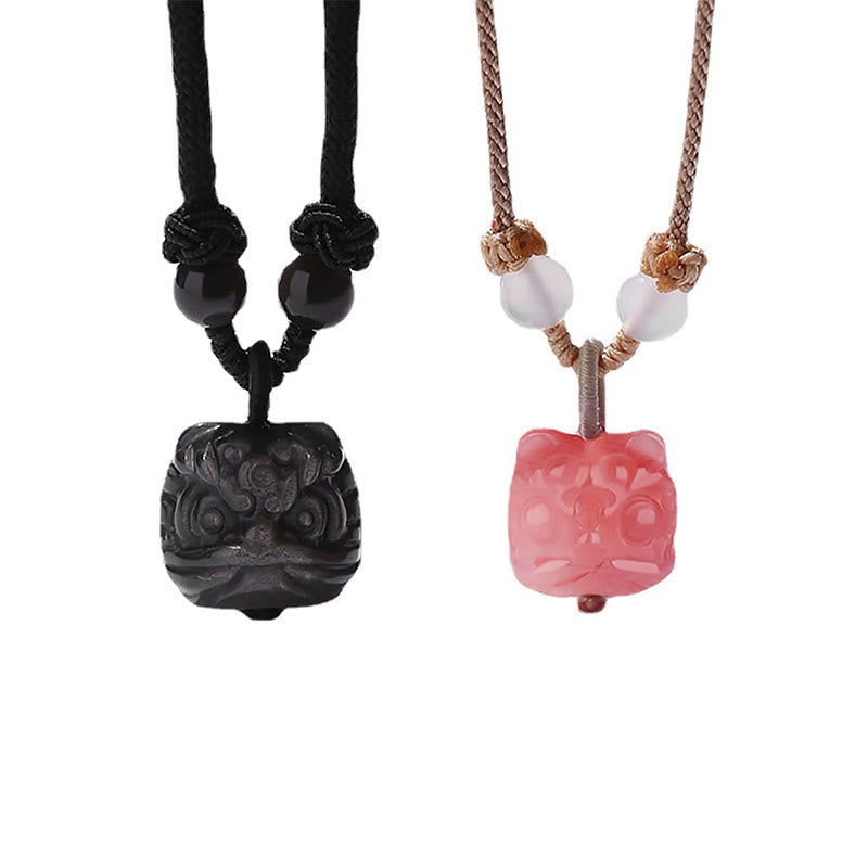 Nimara Ritual Natural Silver Sheen Obsidian Red Agate Dancing Lion Protection Necklace Pendant