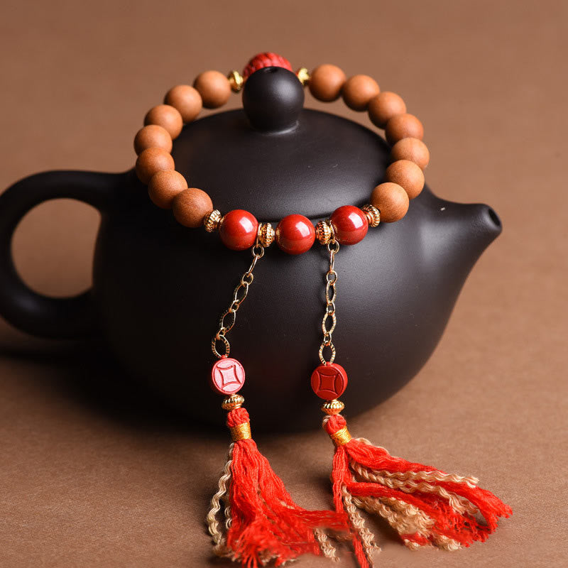 Nimara Ritual Tibetan Natural Peach Wood Cinnabar PiXiu Wealth Tassels Bracelet