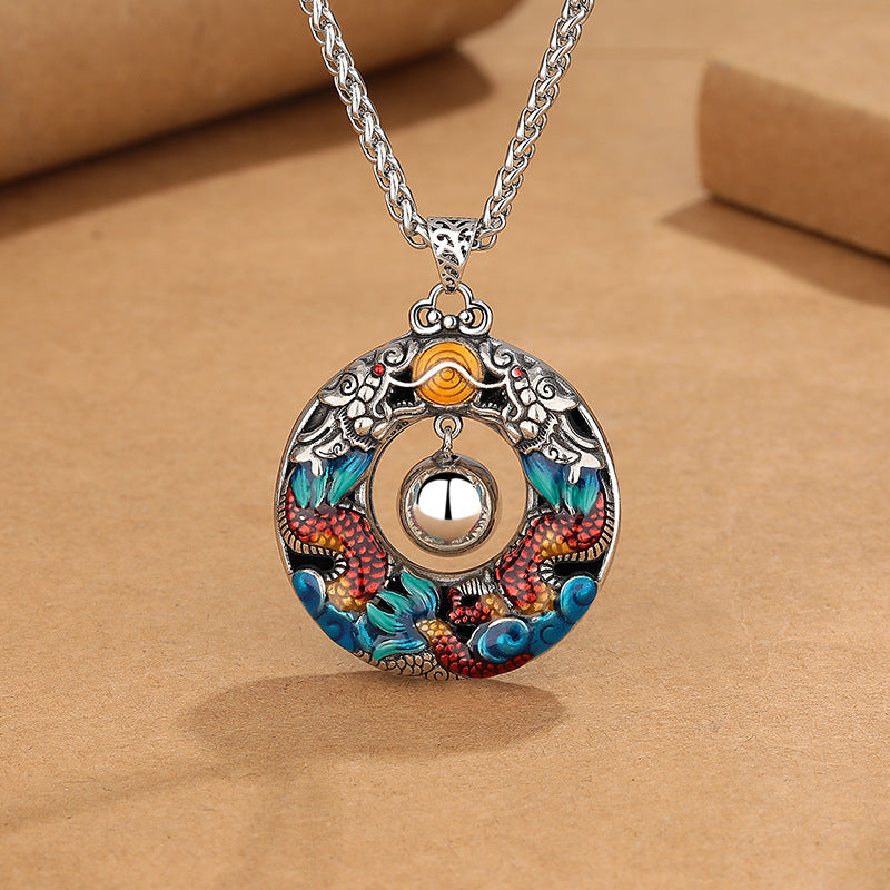 Nimara Ritual Year of the Dragon Colorful Double Dragons Playing Bead Copper Protection Necklace Pendant