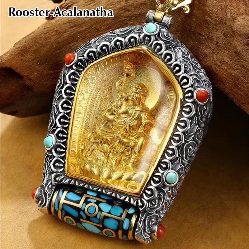 Nimara Ritual Tibet Chinese Zodiac Natal Buddha Thangka Prosperity Rotatable Dzi Bead Necklace Pendant