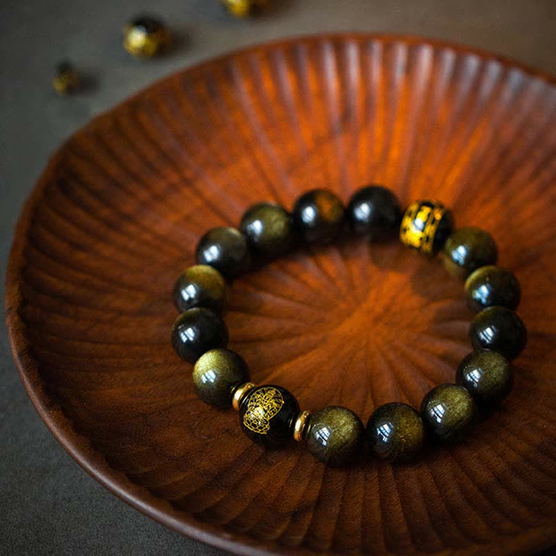 Nimara Ritual Chinese Zodiac Natal Buddha Gold Sheen Obsidian Wealth Protection Bracelet