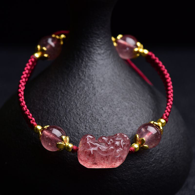 Nimara Ritual Natural Strawberry Crystal Pixiu Charm Lucky Red String Bracelet