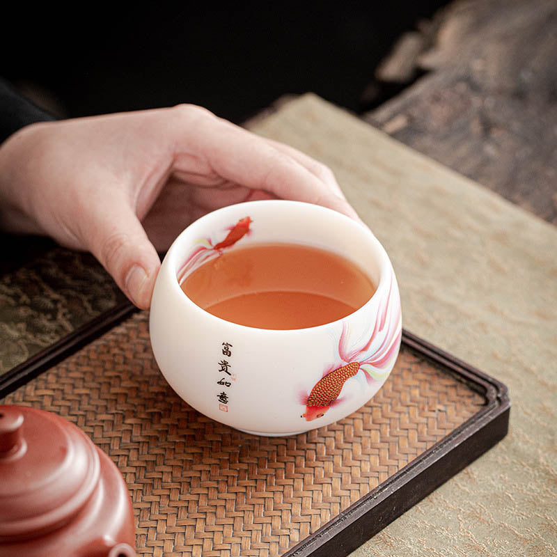 Nimara Ritual Koi Fish White Porcelain Ceramic Teacup Kung Fu Tea Cup
