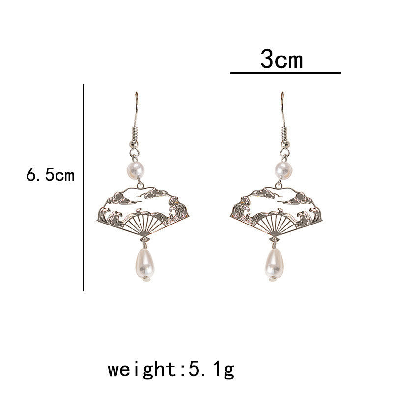 Nimara Ritual Copper Fan Auspicious Clouds Pearl Healing Drop Earrings