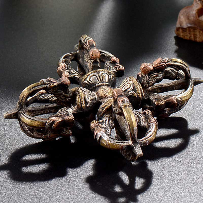 Nimara Ritual Tibetan Handmade 5 Prong Double Dorje Copper Iron Thunderbolt Strength Vajra