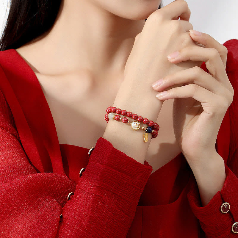 Nimara Ritual 925 Sterling Silver Cinnabar Tridacna Stone Fu Character Double Wrap Blessing Bracelet
