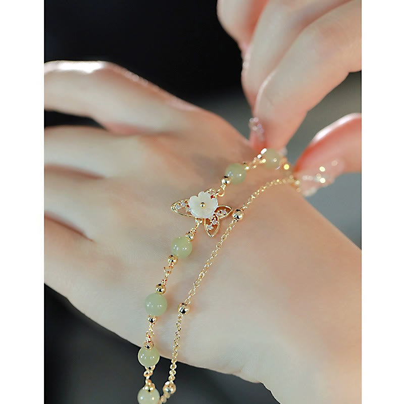 Nimara Ritual 14K Gold Plated Jade Butterfly Tridacna Stone Flower Double Layer Luck Bracelet
