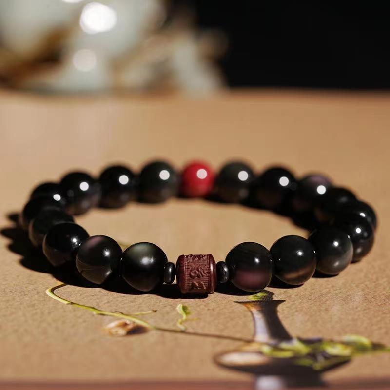 Nimara Ritual Natural Gold Sheen Obsidian Rainbow Obsidian Om Mani Padme Hum Fu Character Healing Bracelet