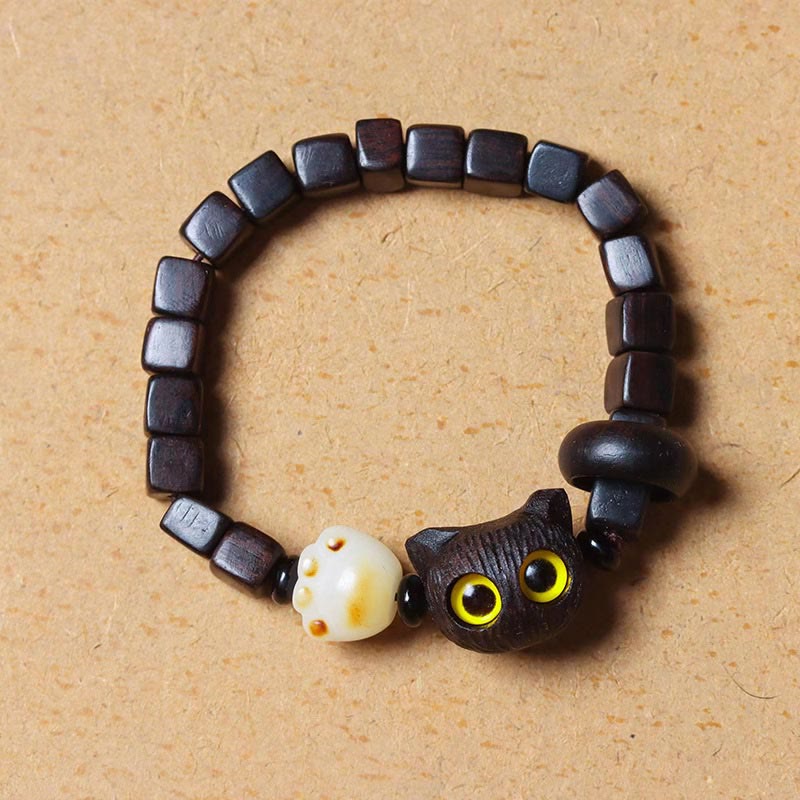 Nimara Ritual Ebony Wood Cute Cat Bodhi Seed Paw Claw Square Beads Calm Bracelet