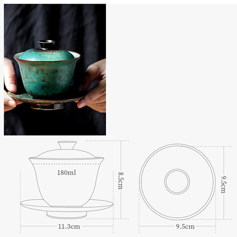 Nimara Ritual Retro Green Glaze Ceramic Gaiwan Sancai Teacup Kung Fu Tea Cup And Saucer With Lid