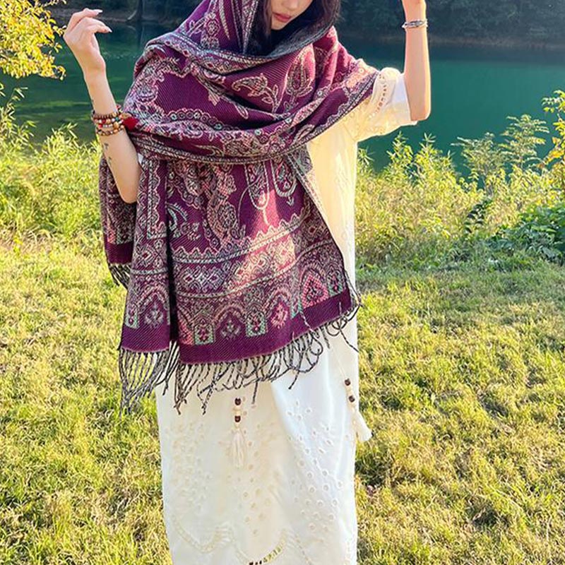 Nimara Ritual Vintage Tibetan Leaves Pattern Design Shawl Cozy Travel Scarf Wrap