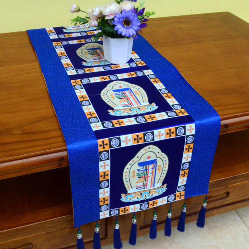 Nimara Ritual Prayer Altar Mat Man-Bcu Kalachakra Endless Knot Vajra Tibetan Auspicious Symbols Tassels Table Runner