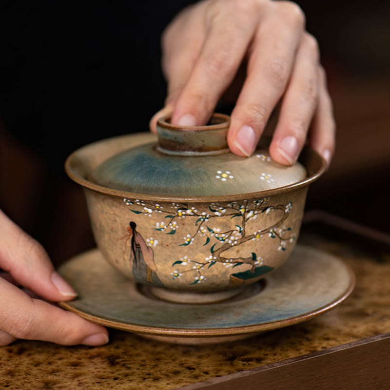 Nimara Ritual Jingdezhen Hand Painted Ru Kiln Porcelain Hanfu Girl Flower Ceramic Gaiwan Sancai Teacup Kung Fu Tea Cup And Saucer With Lid
