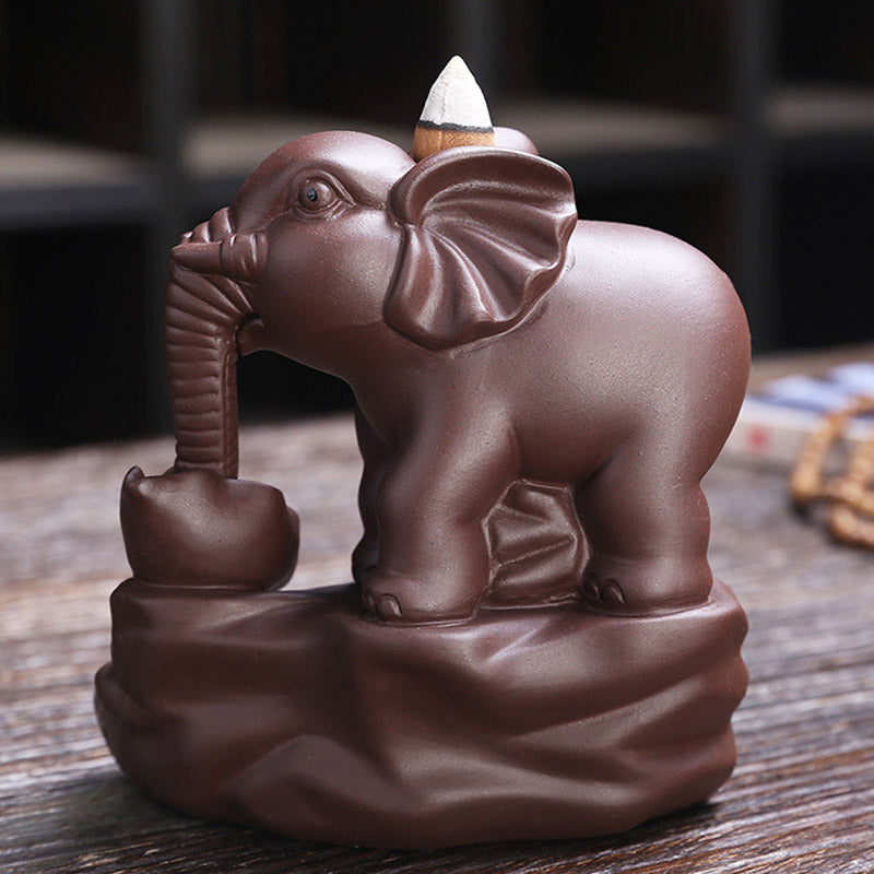 Nimara Ritual Tibetan Elephant Purple Clay Backflow Smoke Fountain Protection Incense Burner Decoration