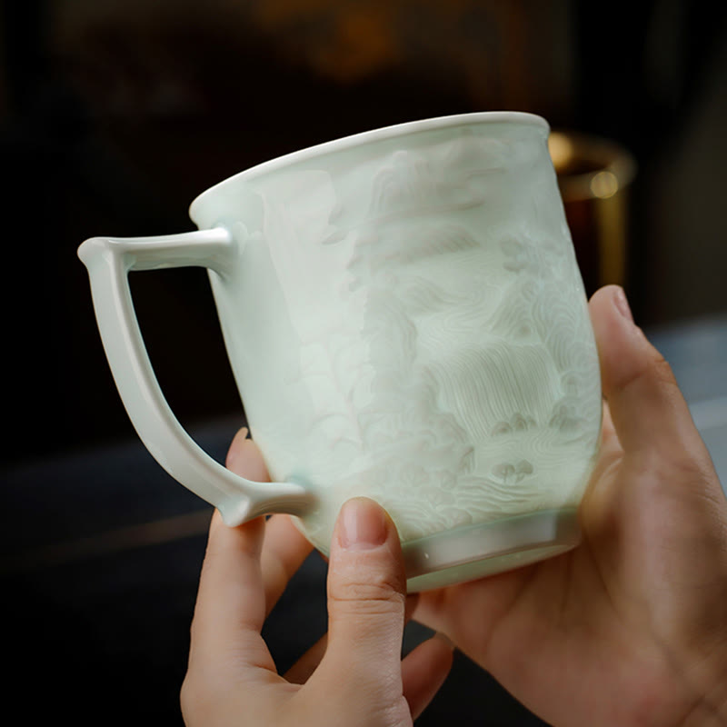 Nimara Ritual Jingdezhen White Porcelain Handmade Great Wall Landscape Engraved Ceramic Teacup Office Mug Tea Cups