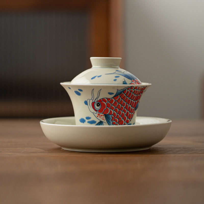 Nimara Ritual Koi Fish Arowana Ceramic Gaiwan Sancai Teacup Kung Fu Tea Cup With Lid 130ml