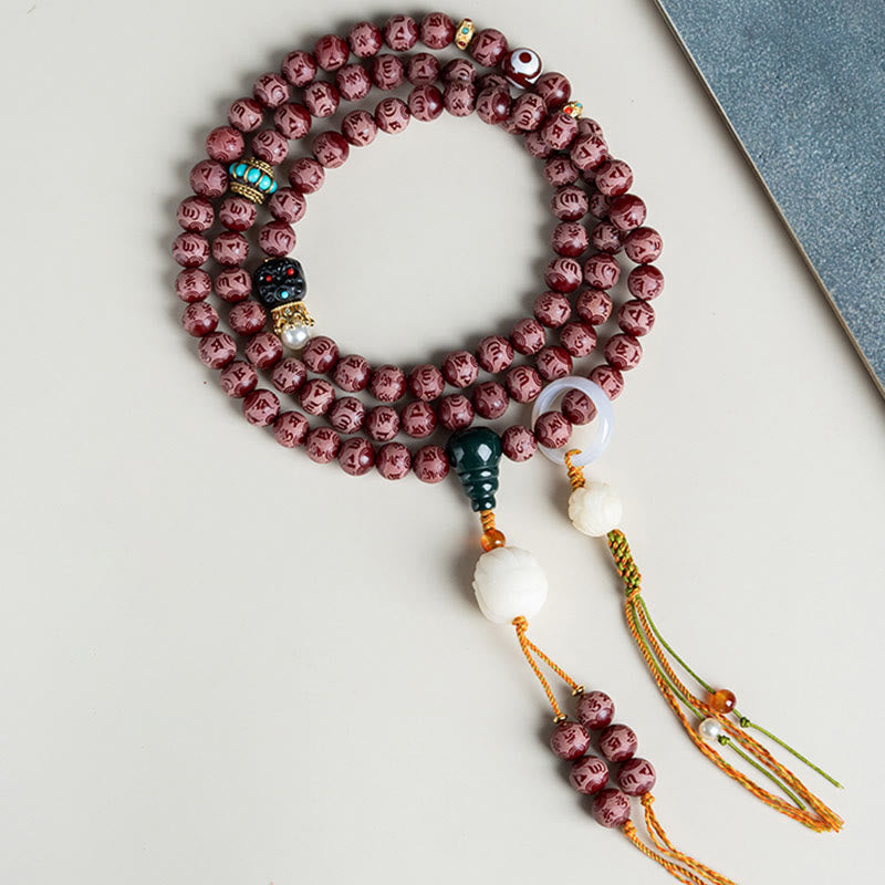 Nimara Ritual Red Bodhi Seed Om Mani Padme Hum Lotus Engraved Harmony Bracelet