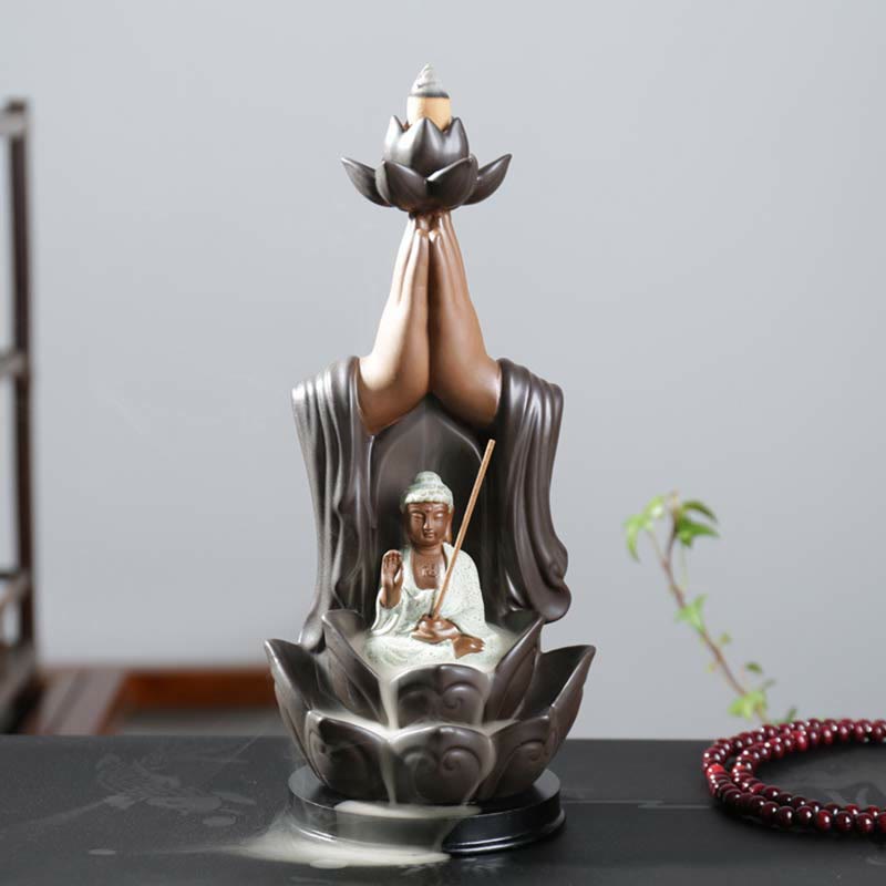 Nimara Ritual Buddha Avalokitesvara Chenrezig Ksitigarbha Ceramic Lotus Blessing Backflow Incense Burner