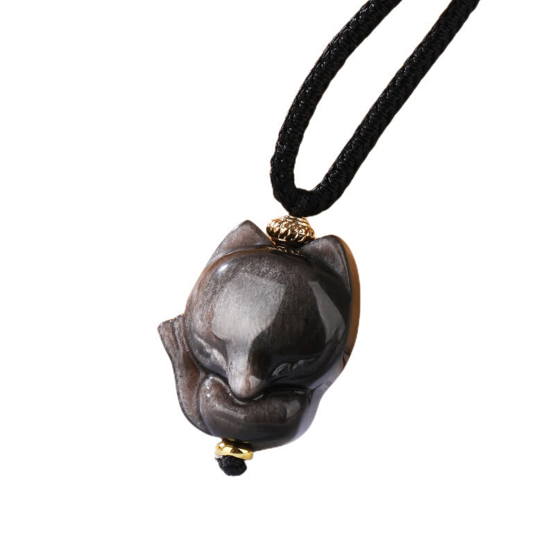 Nimara Ritual Natural Silver Sheen Obsidian Nine Tailed Fox Protection Necklace Pendant