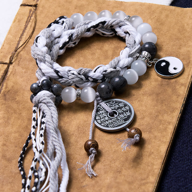 Nimara Ritual Black Glitter Stone Cat's Eye Yin Yang Mountain Ghosts Spend Money Power Double Layer Rope Bracelet