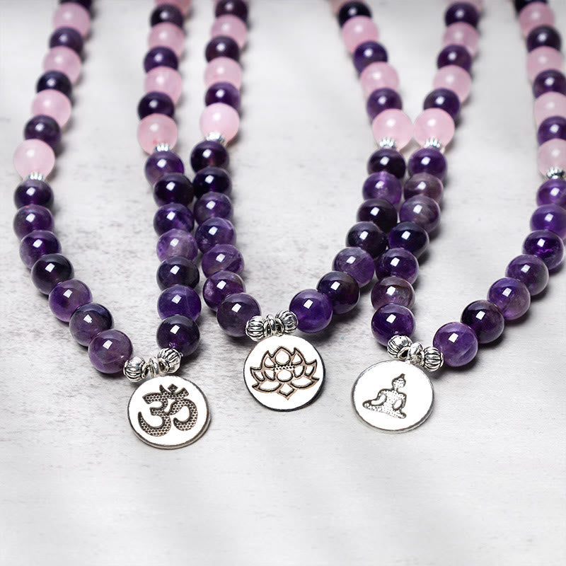 Nimara Ritual Natural Rose Quartz & Amethyst Mala Bead Lotus Pendant Bracelet