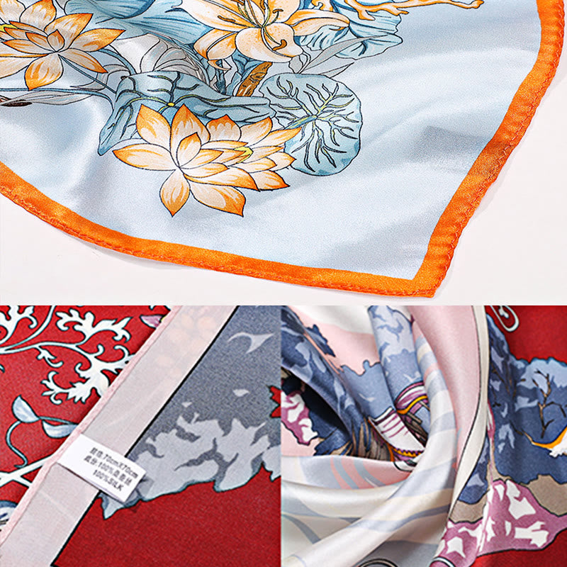Nimara Ritual Pastoral Scene Hot Air Balloon Spring Blossom 100% Mulberry Silk Neck Hair Scarf