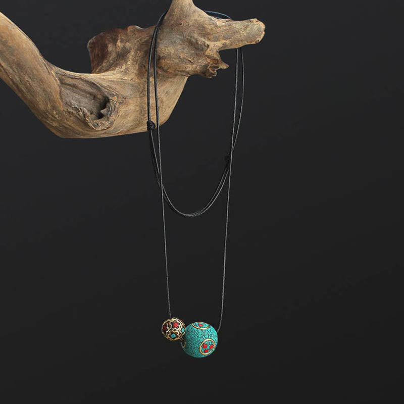 Nimara Ritual Tibetan Turquoise Double Bead Protection Strength Necklace Pendant