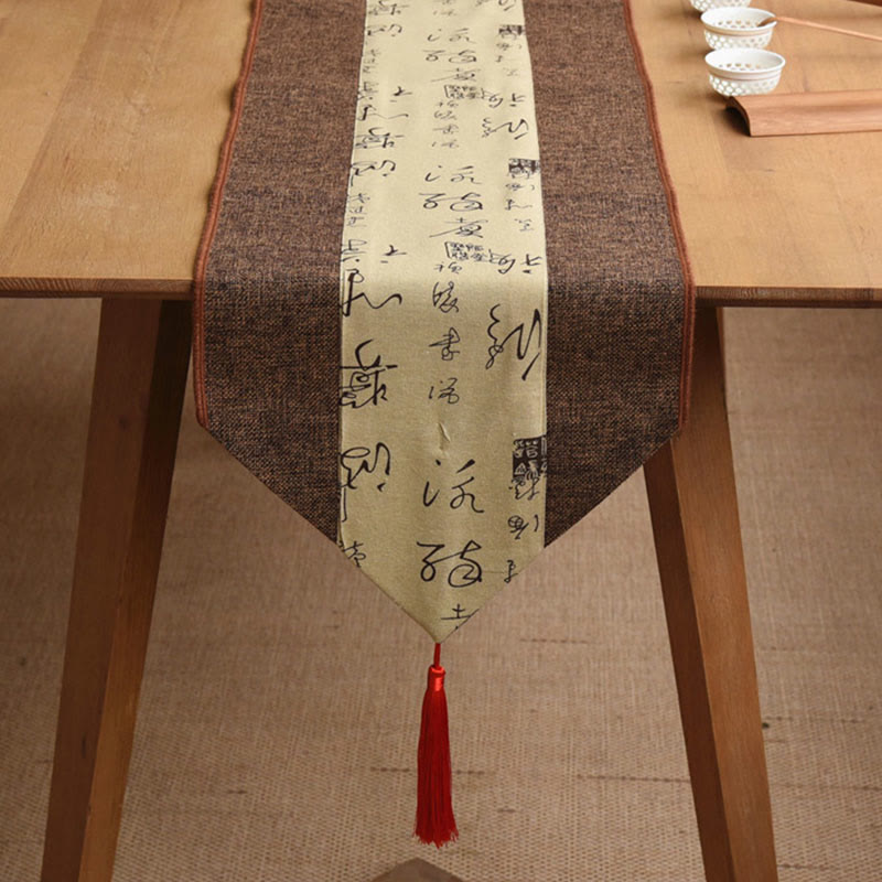 Nimara Ritual Classic Chinese Style Lotus Koi Fish Flower Crane Calligraphy Enlightenment Cotton Linen Tassels Table Runner