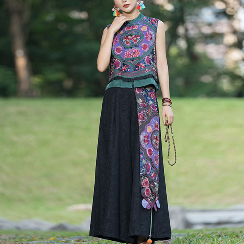 Nimara Ritual Frog-Button Embroidery Flowers Cotton Linen Tang Suit Design Sleeveless Vest