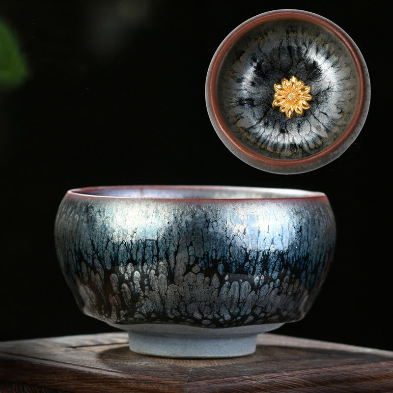 Nimara Ritual 24K Gold Inlaid Sunflower Chinese Jianzhan Glaze Kiln Change Ceramic Teacup Tenmoku Kung Fu Tea Cup