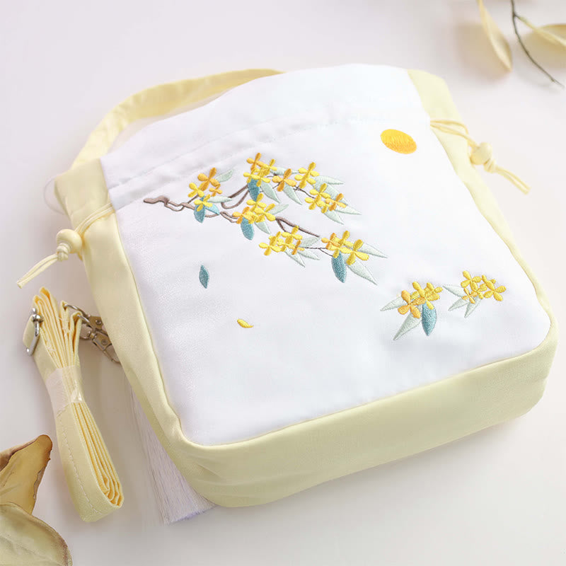 Nimara Ritual Embroidered Osmanthus Peony Grape Cat Cotton Linen Tote Crossbody Bag Shoulder Bag Handbag