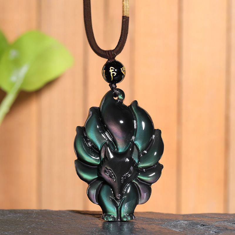 Nimara Ritual Natural Rainbow Obsidian Gold Sheen Obsidian Nine Tailed Fox Positive Necklace Pendant