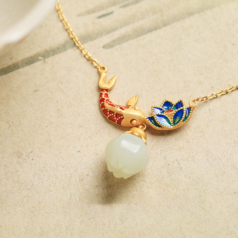 Nimara Ritual White Jade Koi Fish Lotus Copper Protection Necklace Pendant