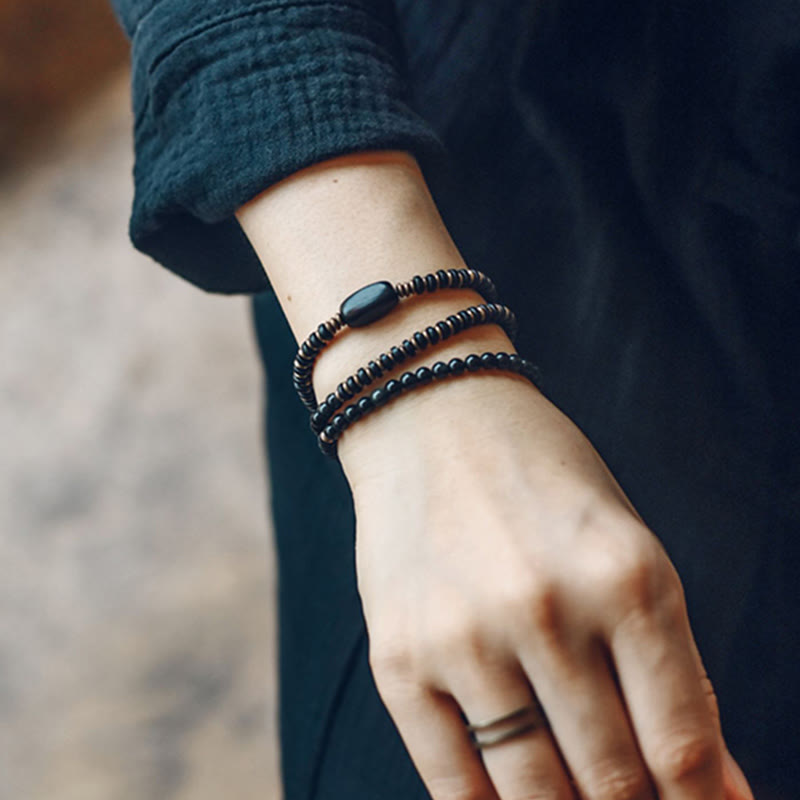 Nimara Ritual Rainbow Obsidian Ebony Wood Copper Healing Triple Wrap Bracelet