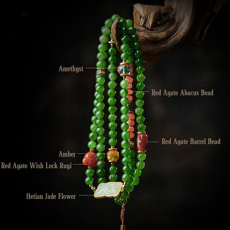Nimara Ritual 108 Mala Beads Cyan Jade Red Agate Laughing Buddha Luck Bracelet