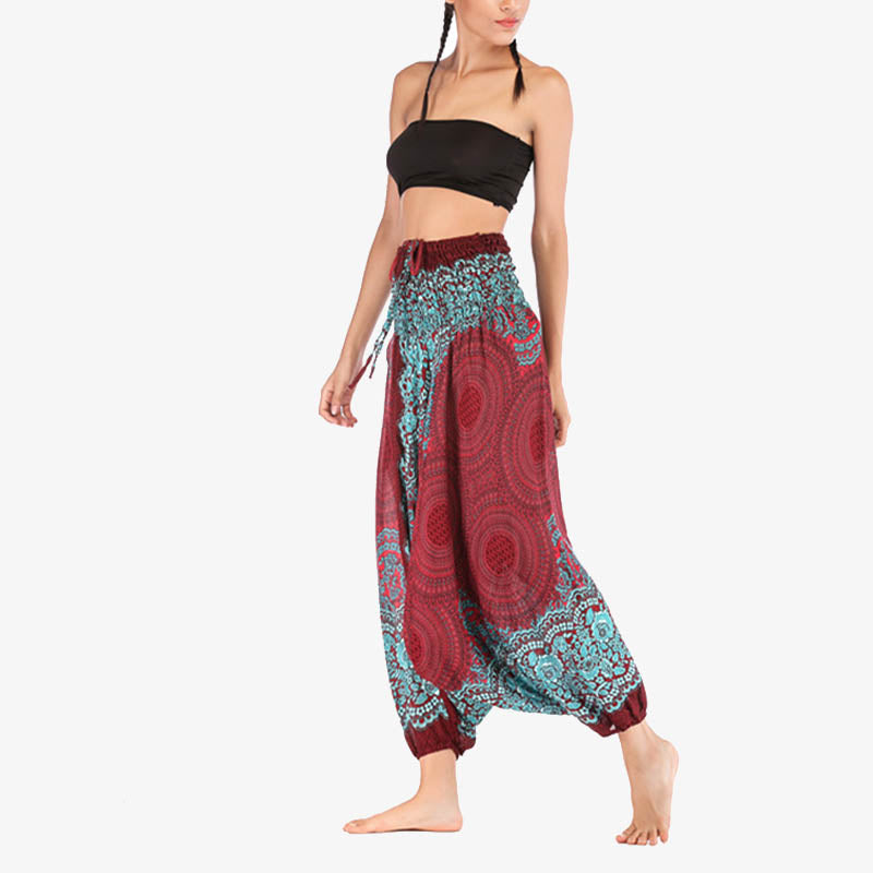 Nimara Ritual Two Style Wear Round Geometric Pattern Loose Smocked Harem Trousers Jumpsuit High Waist Women's Yoga Pants